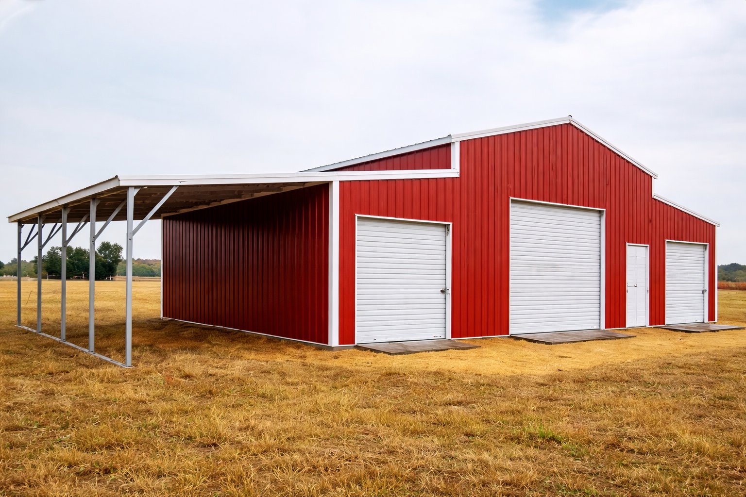 Red metal barn with roll-up doors