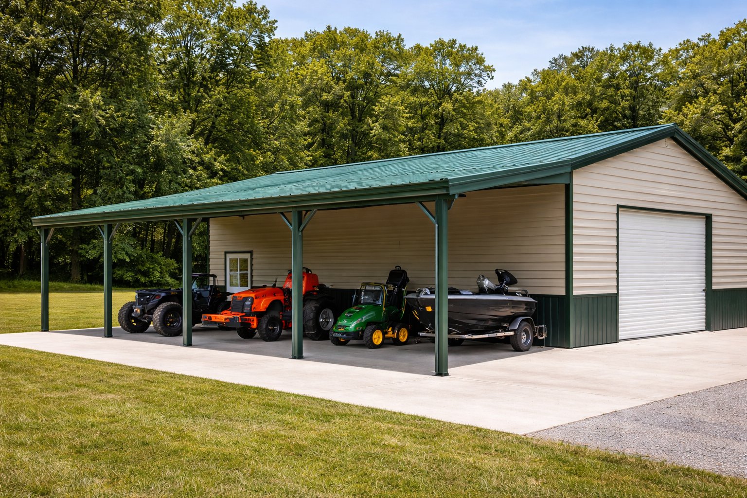 Metal combo unit with garage and carport
