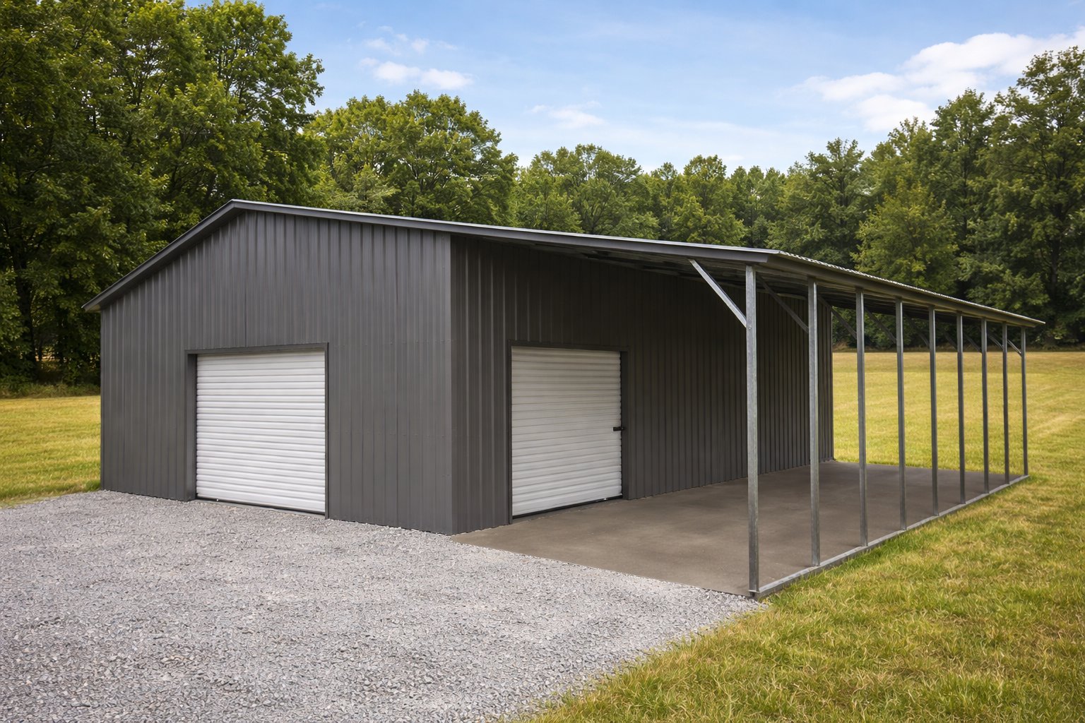 Charcoal metal garage with lean-to