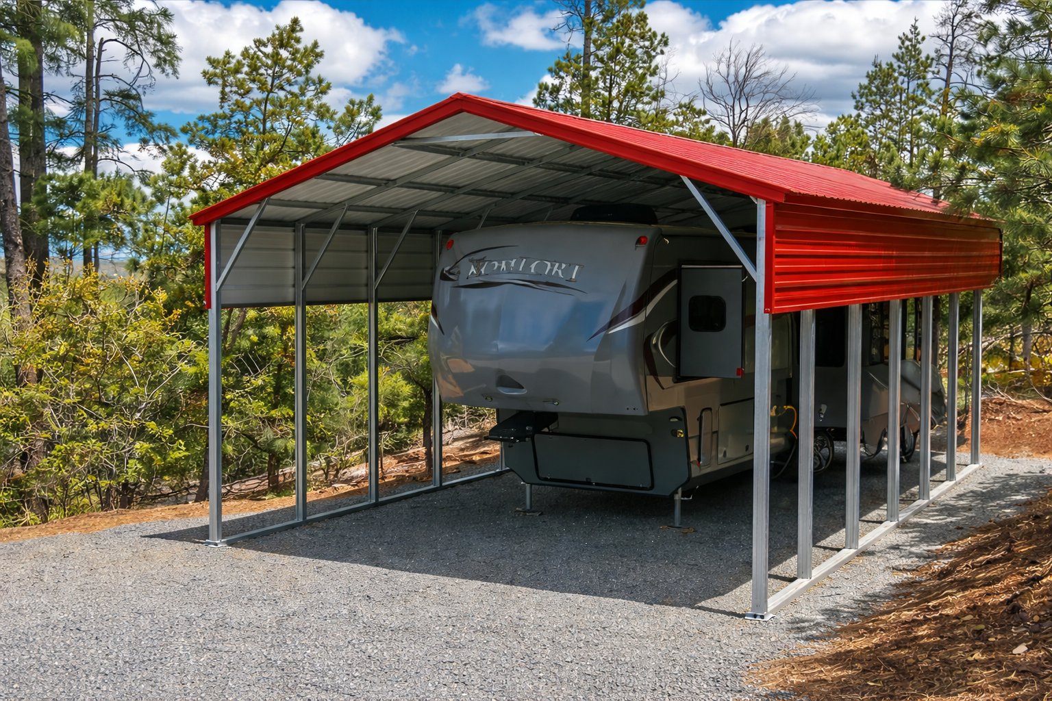 Metal RV cover with red roof